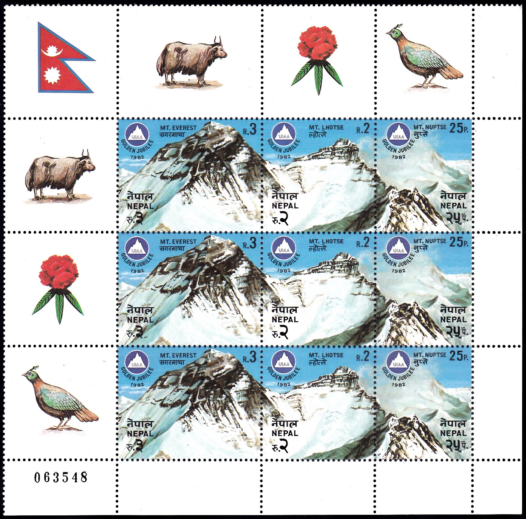 Union Internationale des Associations d'Alpinisme, Cow (national animal), rhododendron (national flower), Himalayan monal (national bird), national flag of nepal