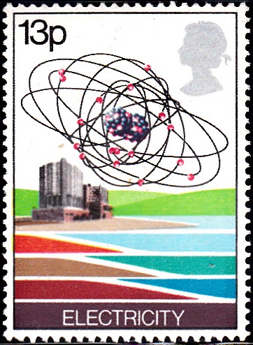 830 Electricity-Producing Nuclear Power Plant and Uranium Atom Diagram [England Stamp 1978]