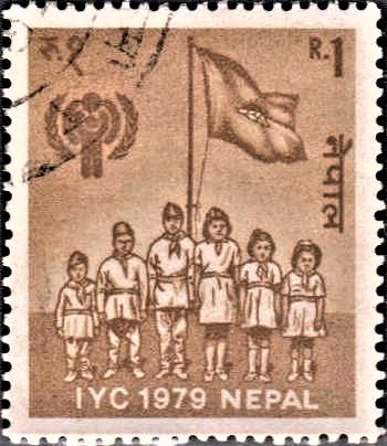 Children with Flag and IYC Emblem