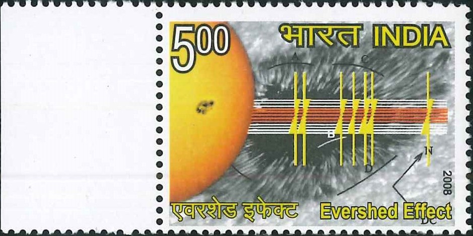 India Stamp 2008, John Evershed, centenary, discovery, solar, Sun